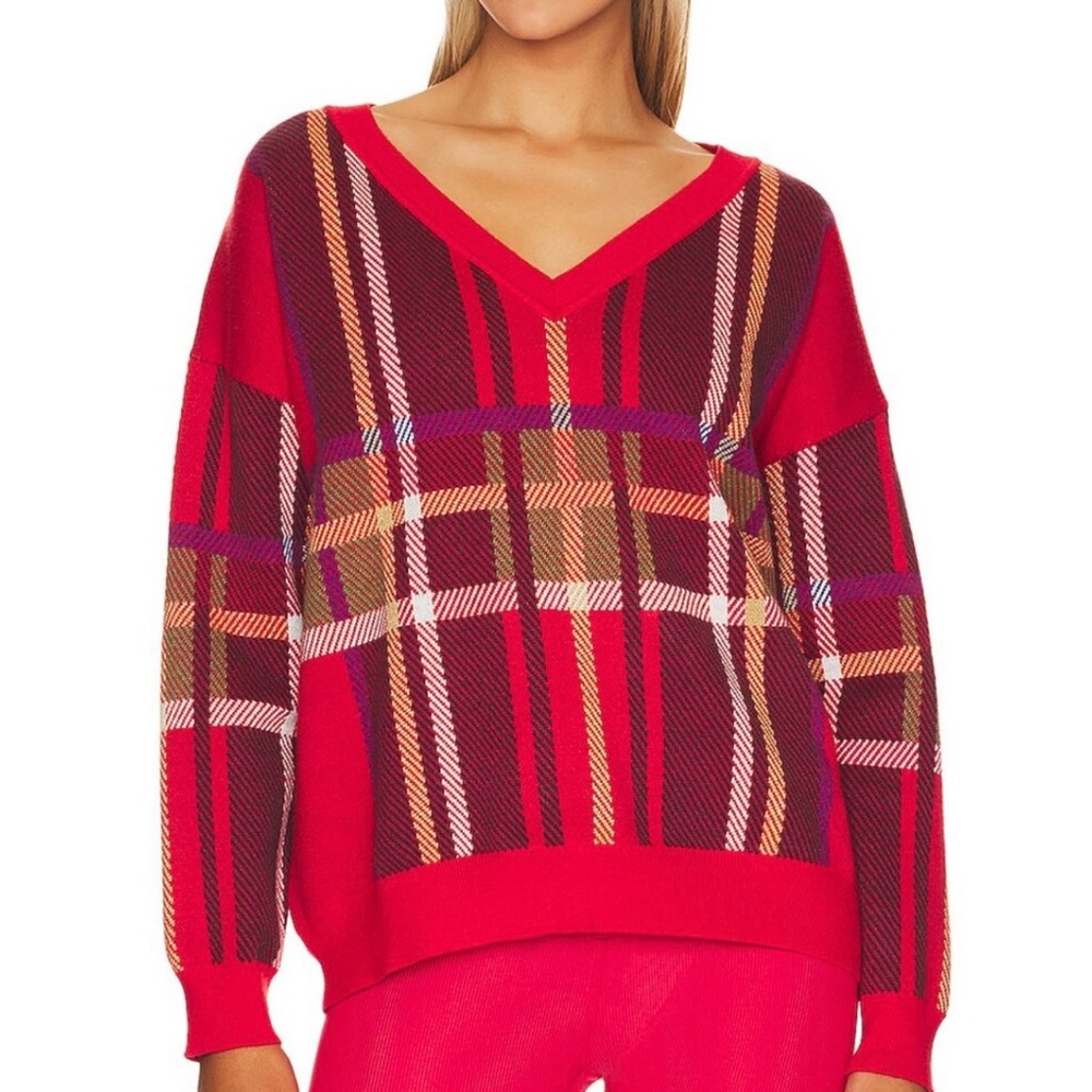 Beach Riot Red Plaid V-Neck Sweater